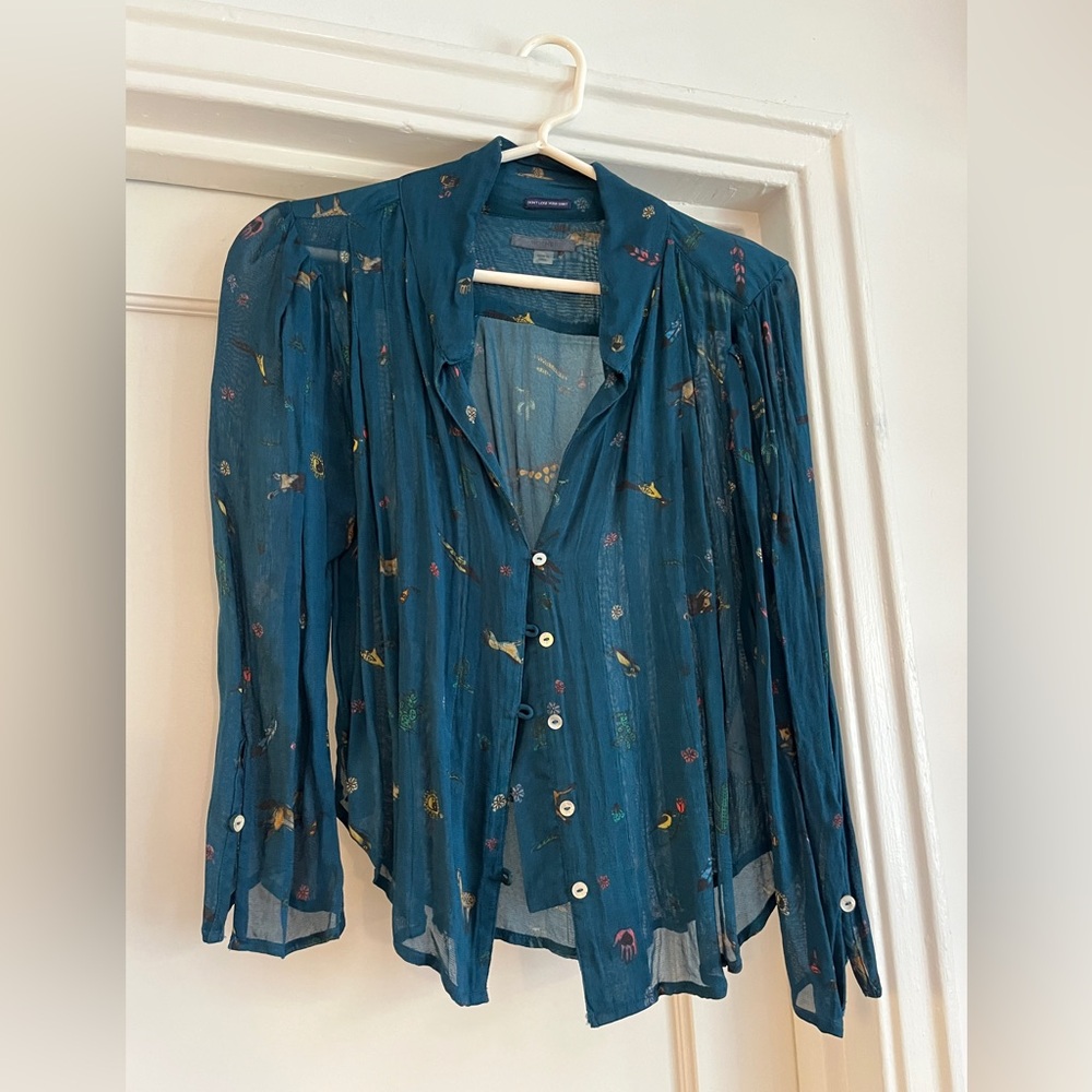 MOTHER Teal Shear Fabric Printed Blouse